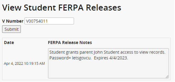 A sample FERPA Release image